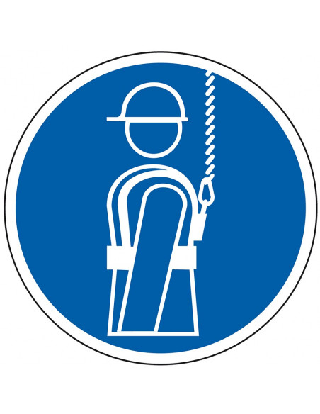 Valbescherming verplicht sticker, rond, blauw wit, valbescherming verplicht pictogram
