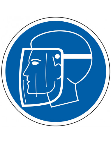 Gelaatsbescherming verplicht sticker, blauw wit, pictogram gelaatsbescherming, rond