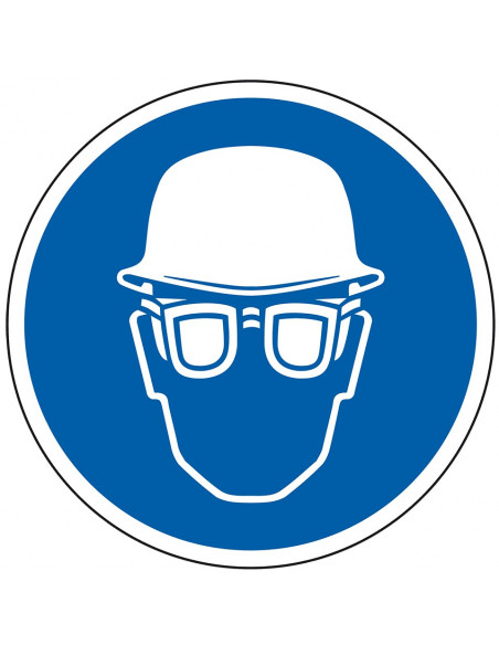 Helm en bril verplicht sticker, blauw wit, pictogram helm en bril, rond