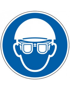 Hoofd en oogbescherming verplicht sticker, ISO 7010, blauw wit, pictogram hoofd en oogbescherming, rond