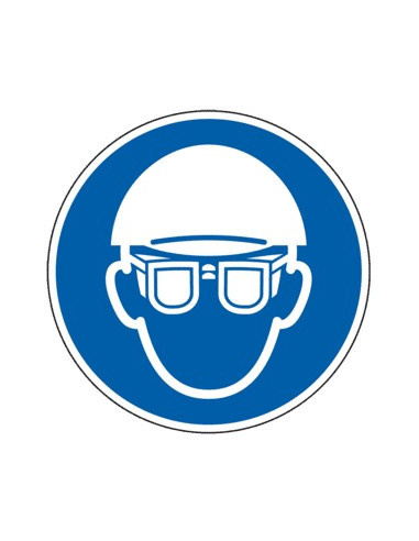 Hoofd en oogbescherming verplicht sticker, ISO 7010, blauw wit, pictogram hoofd en oogbescherming, rond