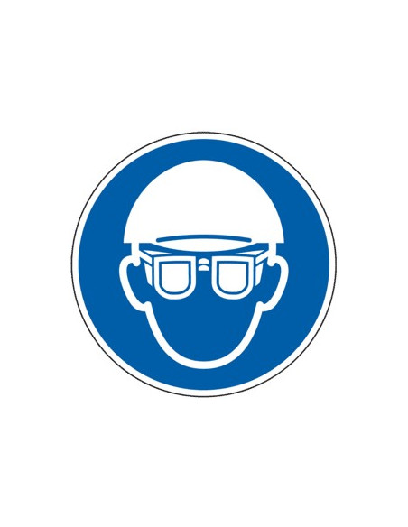 Hoofd en oogbescherming verplicht sticker, ISO 7010, blauw wit, pictogram hoofd en oogbescherming, rond