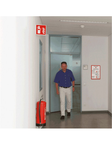 Haaks brandblusser bord, kunststof, F001, rood wit, pictogram brandblusser, vierkant