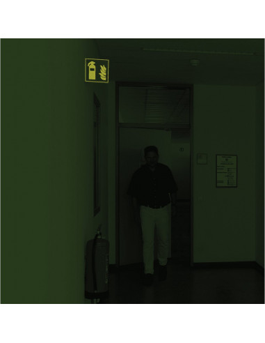 Extra lichtgevend haaks brandblusser bord, aluminium, 150 x 150 mm, F001, rood wit, pictogram brandblusser, vierkant