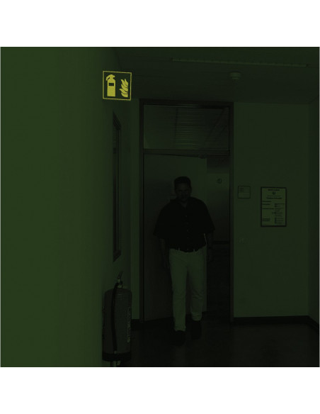 Extra lichtgevend haaks brandblusser bord, aluminium, 150 x 150 mm, F001, rood wit, pictogram brandblusser, vierkant