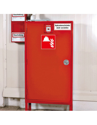 Materiaalopslag brandbestrijding sticker, ISO 7010, F004, rood wit, symbool materiaalopslag brandbestrijding,  vierkant