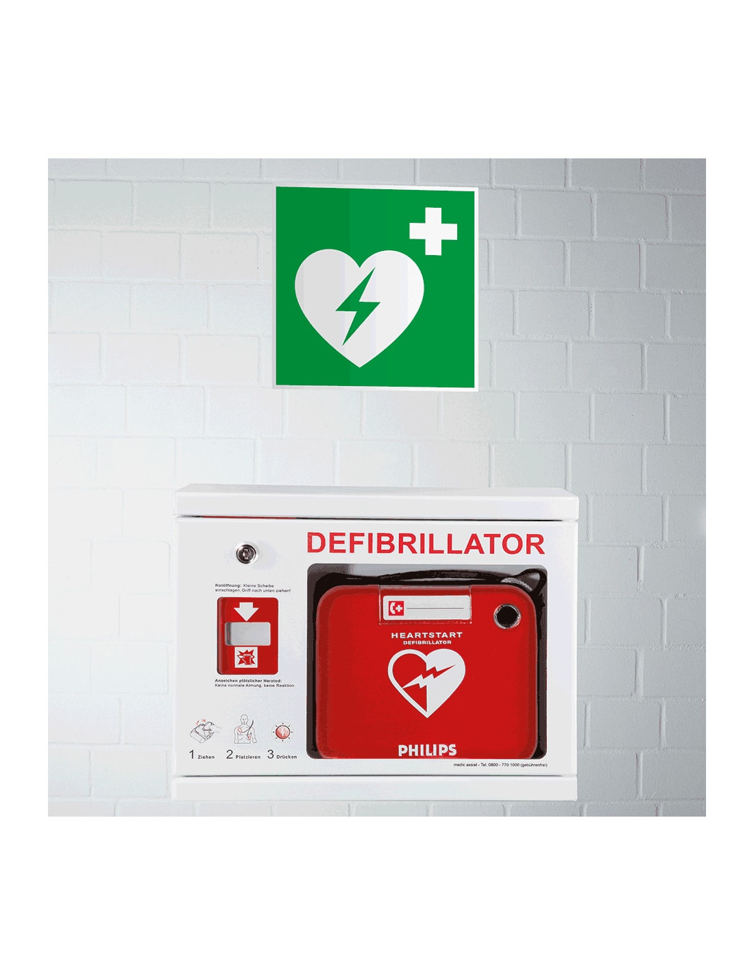 AED sticker, 150 x 150 mm, dubbelzijdig, DE017