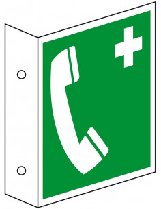Haaks noodtelefoon bord, 200 x 200 mm, E004, groen wit, symbool noodtelefoon, vierkant, ISO 7010